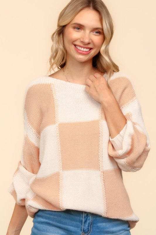 Haptics Full Size Checkered Round Neck Drop Shoulder Sweater - Trendsi - Flyclothing LLC