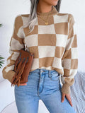 Checkered Mock Neck Long Sleeve Sweater - Trendsi - Flyclothing LLC