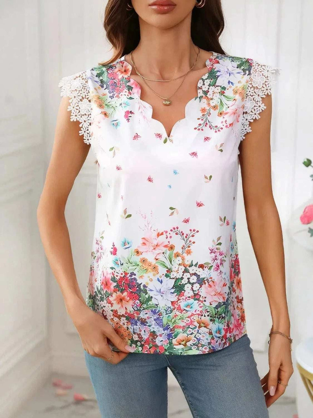Lace Detail Printed V-Neck Cap Sleeve Blouse - Trendsi - Flyclothing LLC