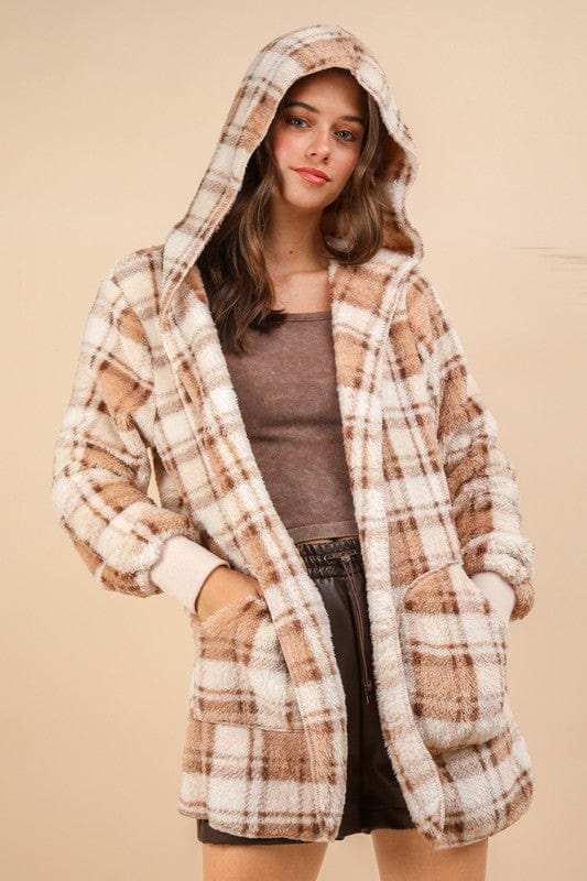 VERY J Fuzzy Plaid Long Sleeve Hooded Jacket - Trendsi - Flyclothing LLC