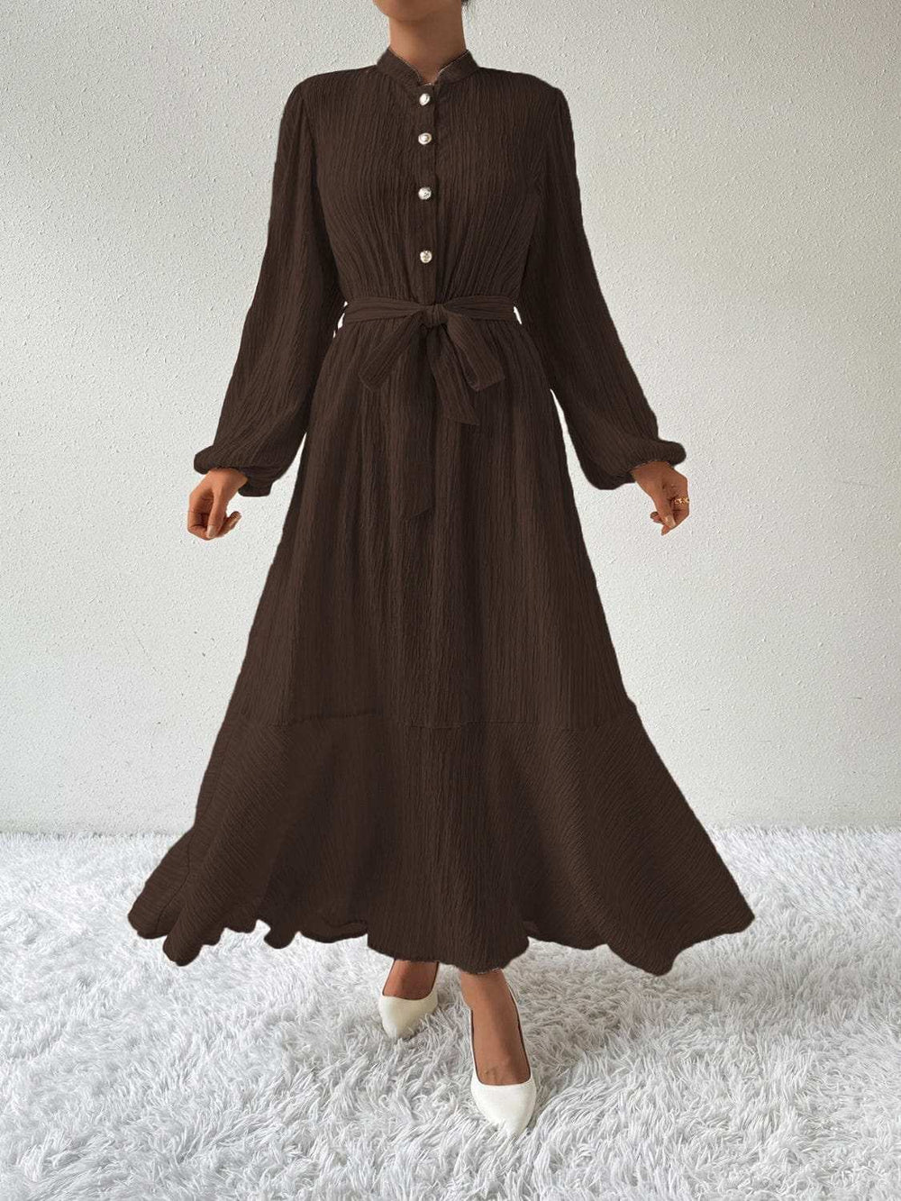 Tie Waist Long Sleeve Dress - Trendsi - Flyclothing LLC
