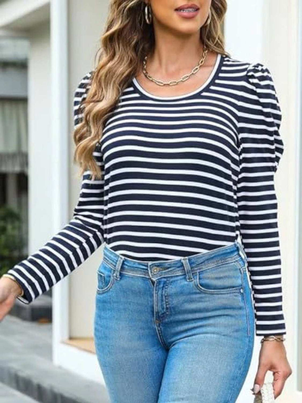 Striped Round Neck Long Sleeve T-Shirt - Trendsi - Flyclothing LLC