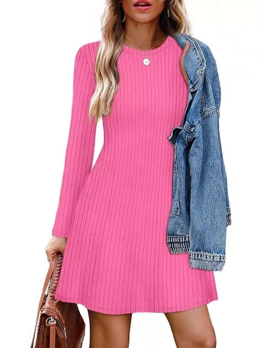 Ribbed Knit Long Sleeve A-Line Dress - Trendsi - Flyclothing LLC