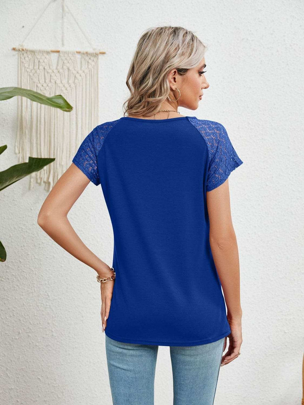 Lace Detail Round Neck Short Sleeve T-Shirt - Trendsi - Flyclothing LLC