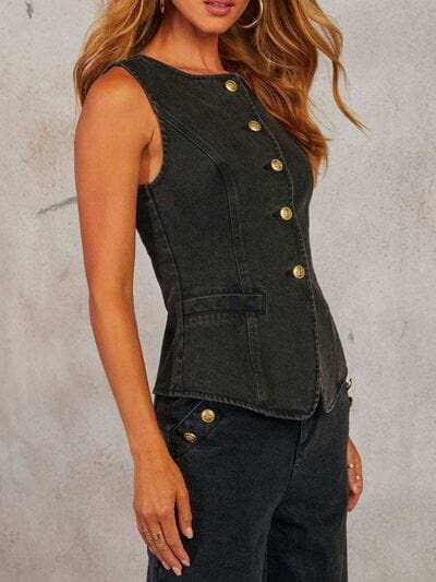 Button Down Vest and Wide Leg Jeans Denim Set - Trendsi - Flyclothing LLC
