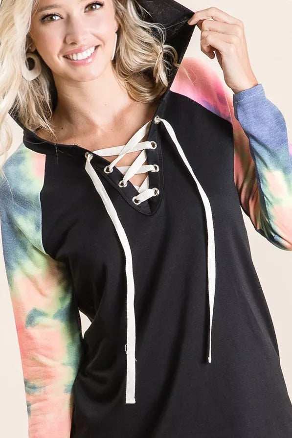 BiBi French Terry Lace Up Hoodie With Tie Dye Sleeves - Trendsi - Flyclothing LLC