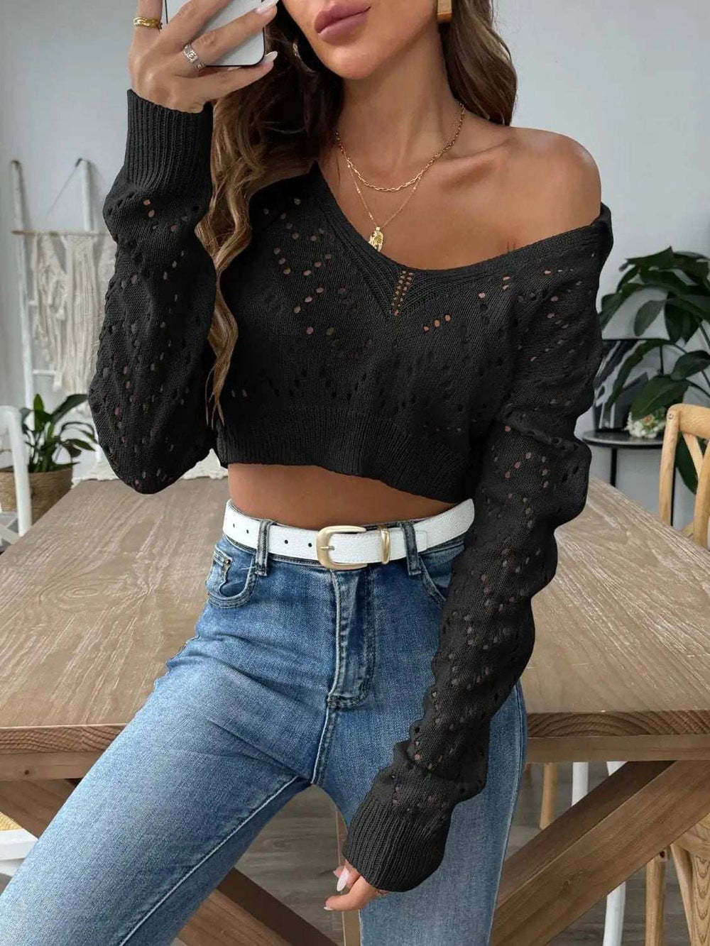 Openwork Collared Neck Long Sleeve Knit Top - Trendsi - Flyclothing LLC