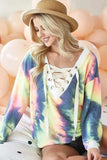 BiBi Tie Dye Deep V-Neck Top with Lace Up Front - Trendsi - Flyclothing LLC