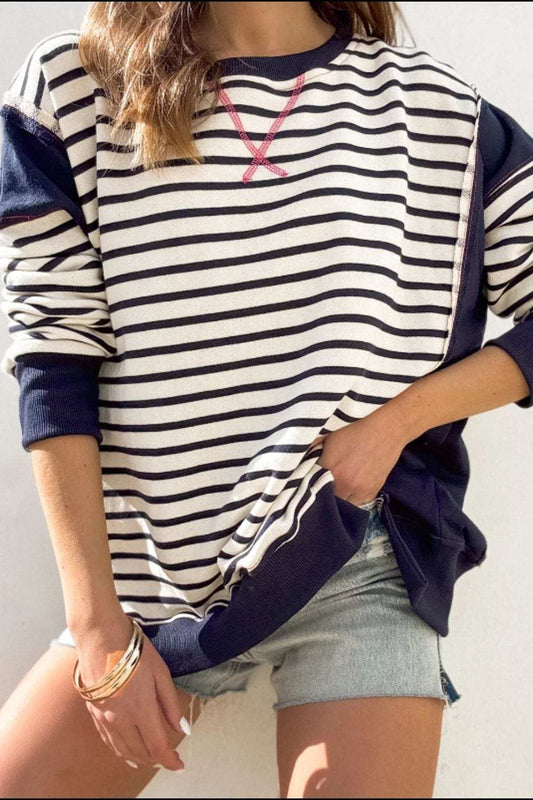Exposed Seam Striped Long Sleeve Sweatshirt - Trendsi - Flyclothing LLC