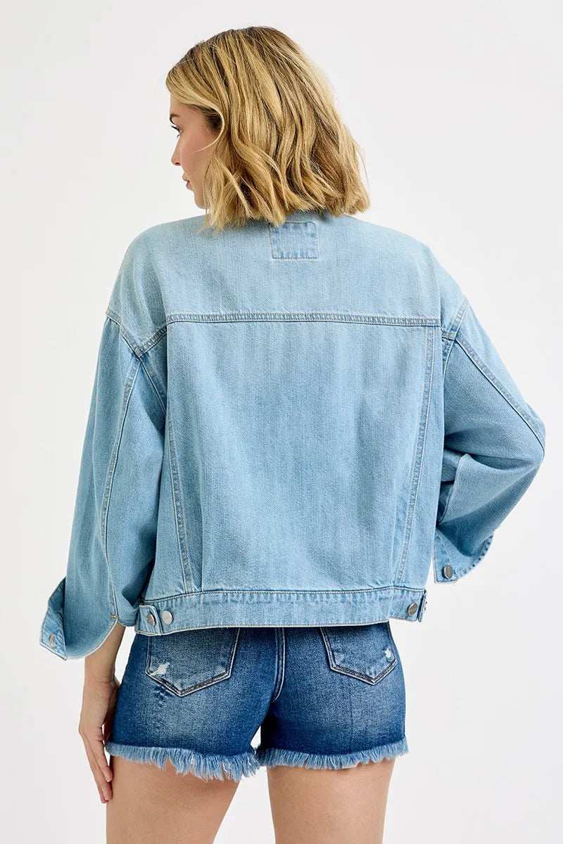RISEN Washed Dropped Shoulder Denim Jacket - Trendsi - Flyclothing LLC