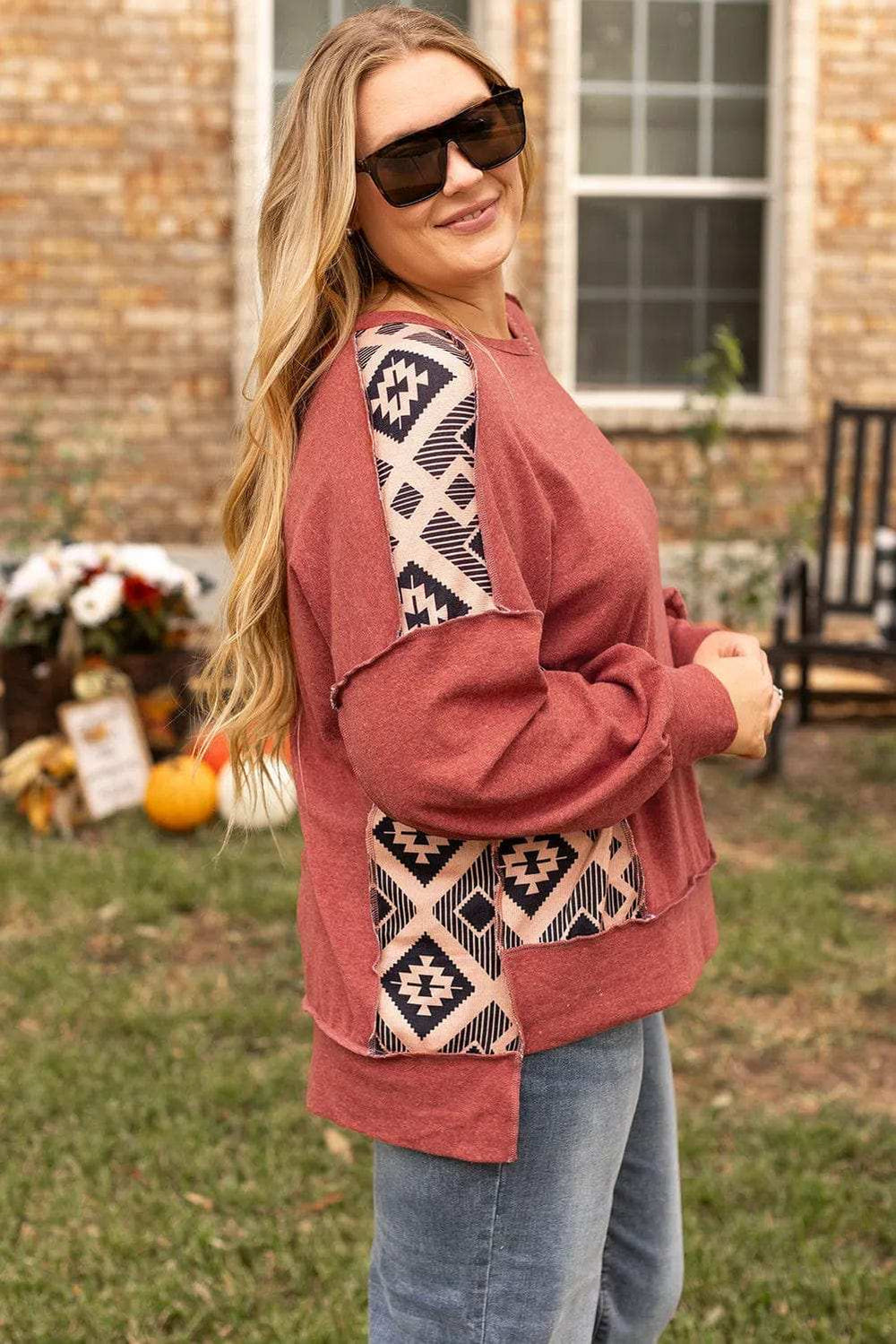 Plus Size Geometric Round Neck Long Sleeve Sweatshirt - Trendsi - Flyclothing LLC