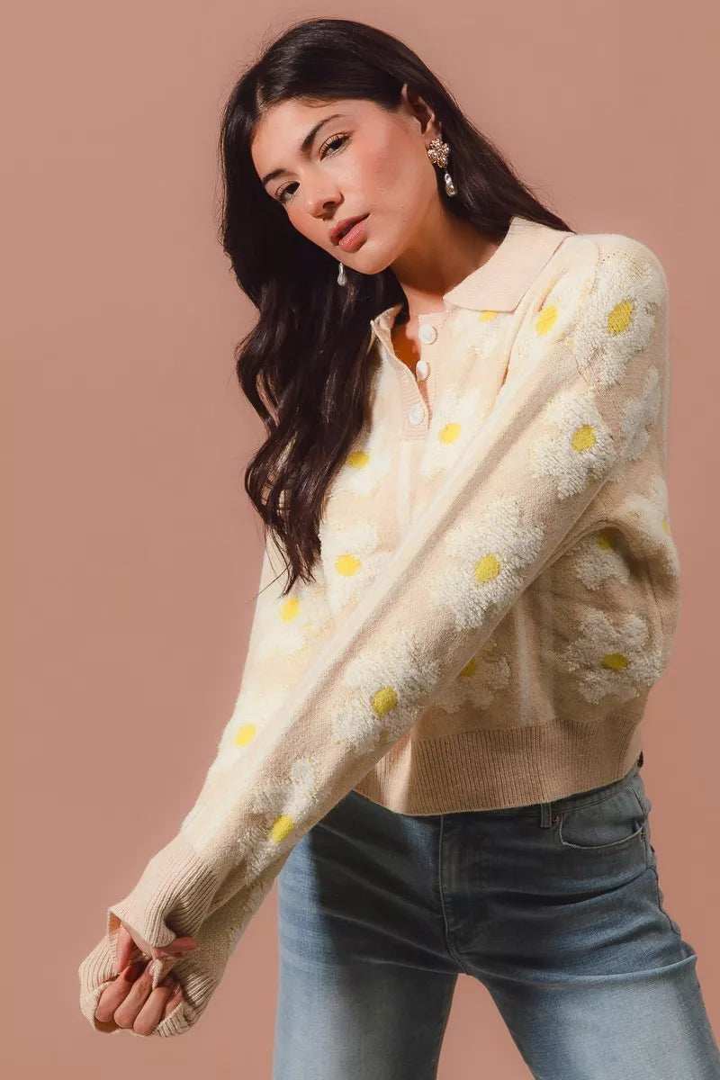 SO ME Floral Stripe Polo Collar Sweater - Trendsi - Flyclothing LLC