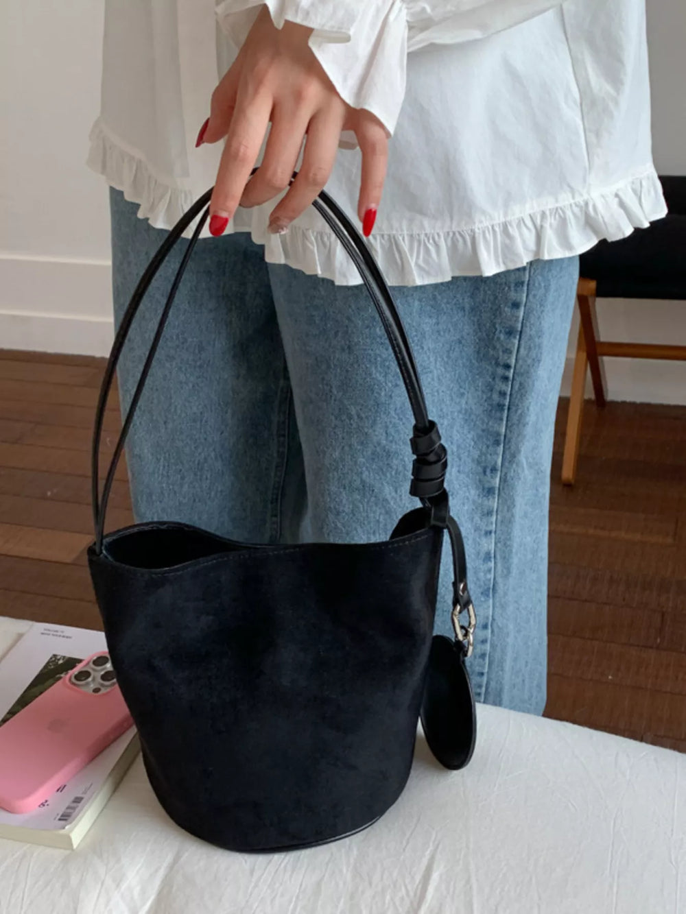 Suede Solid Color Bucket Bag - Trendsi - Flyclothing LLC