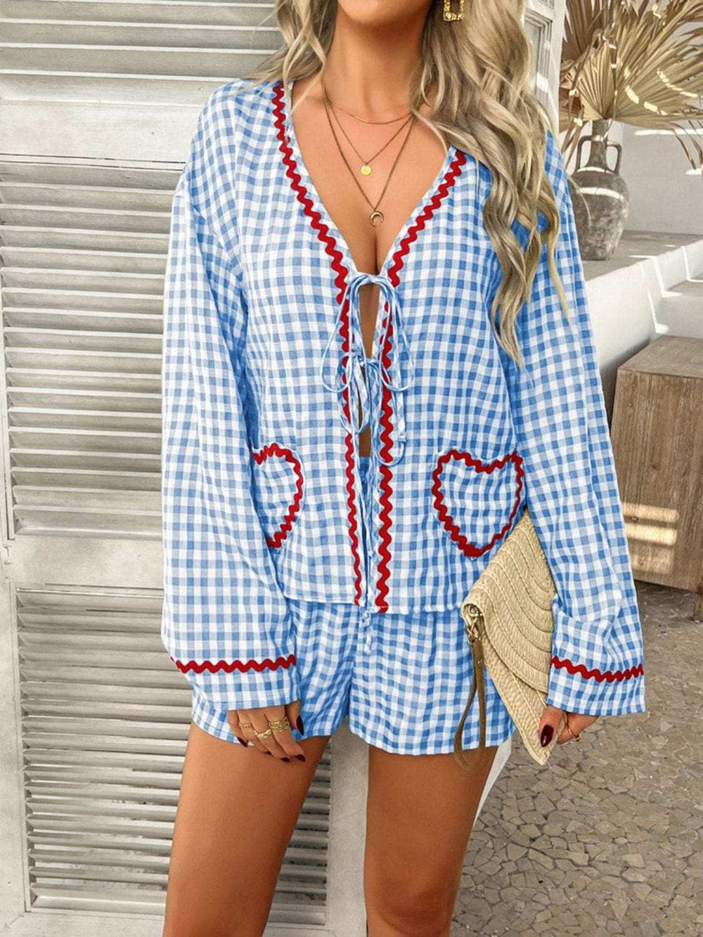 Devine Tie Front Contrast Plaid Shirt and Shorts Set - Trendsi - Flyclothing LLC