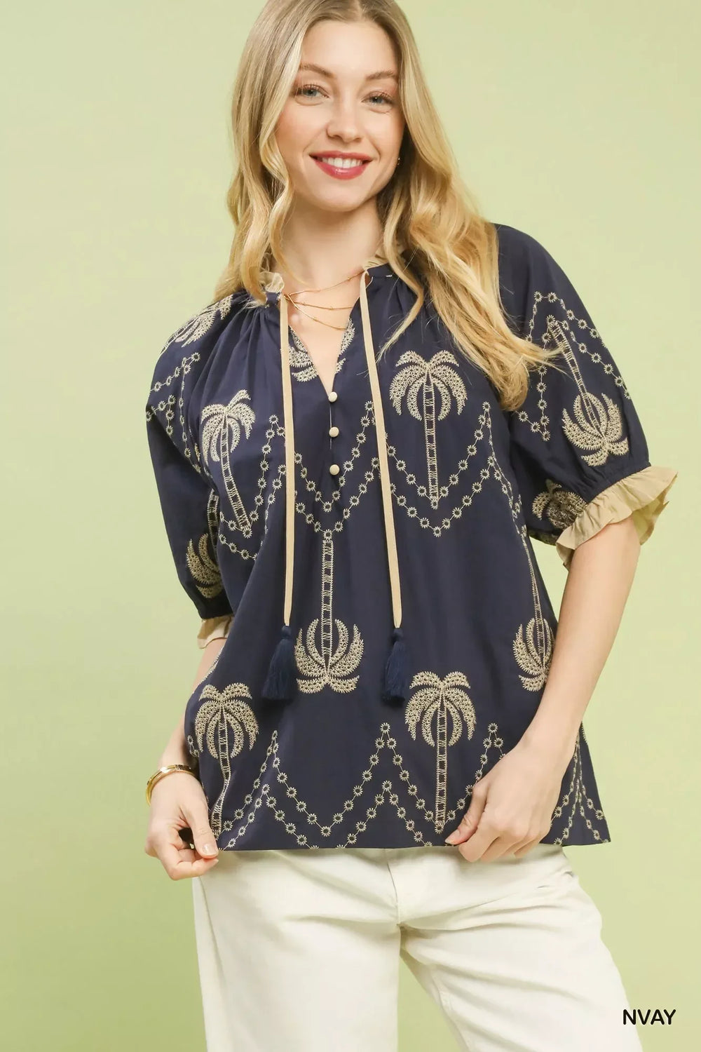 Umgee Embroidered Palm Print Tassel Tie Blouse - Trendsi - Flyclothing LLC