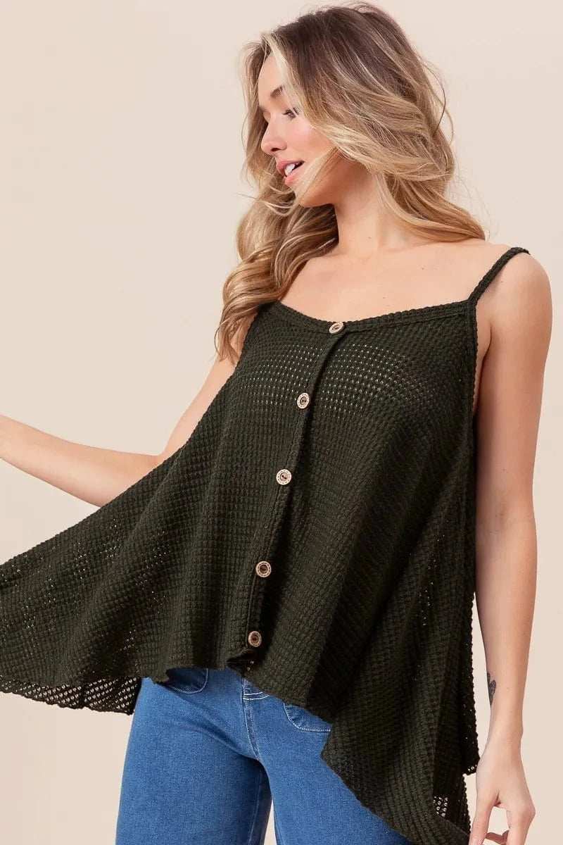 BiBi Popcorn Waffle Knit with Buttoned Front Cami Top - Trendsi - Flyclothing LLC