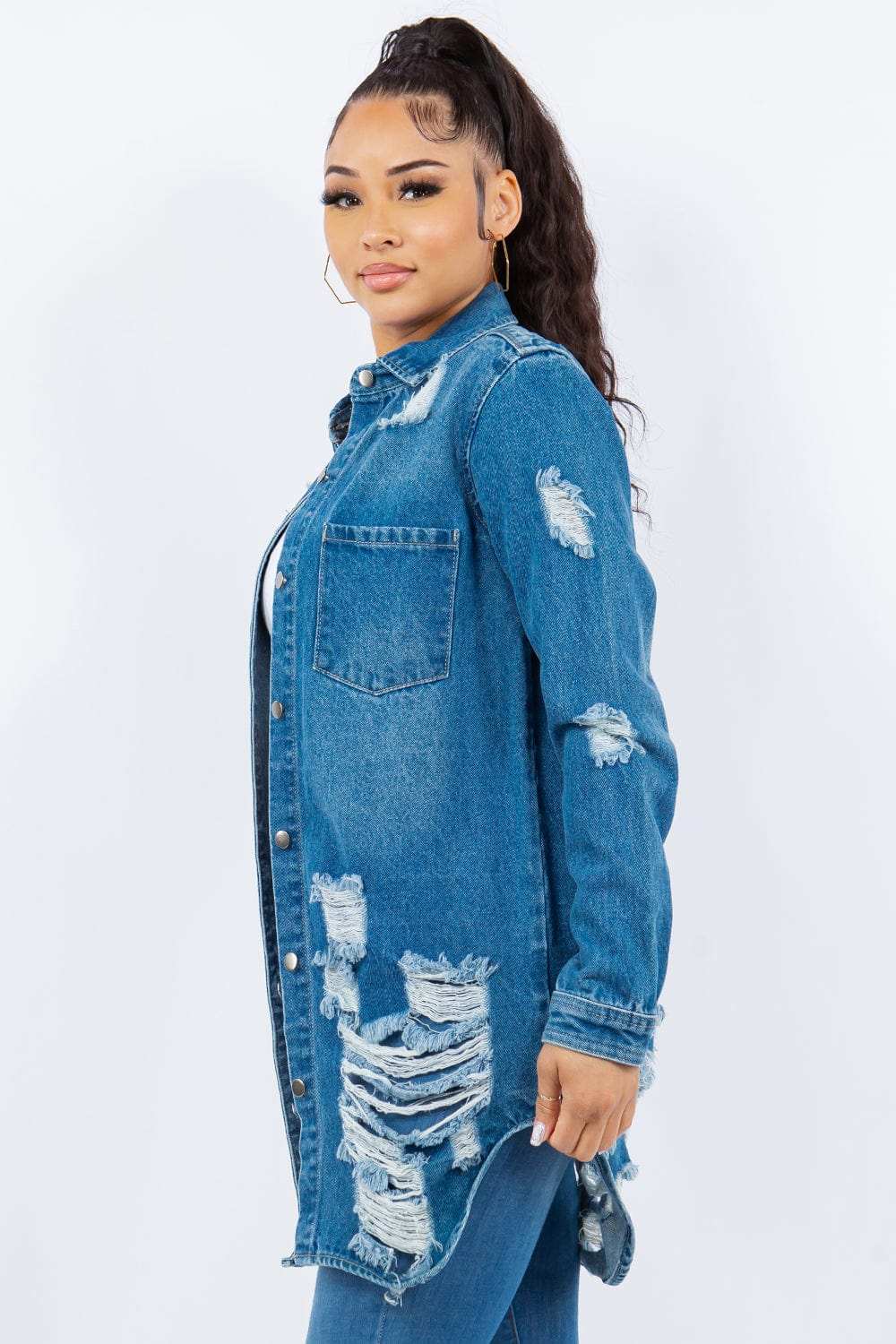 American Bazi Distressed Button Up Long Sleeve Denim Jacket - Trendsi - Flyclothing LLC