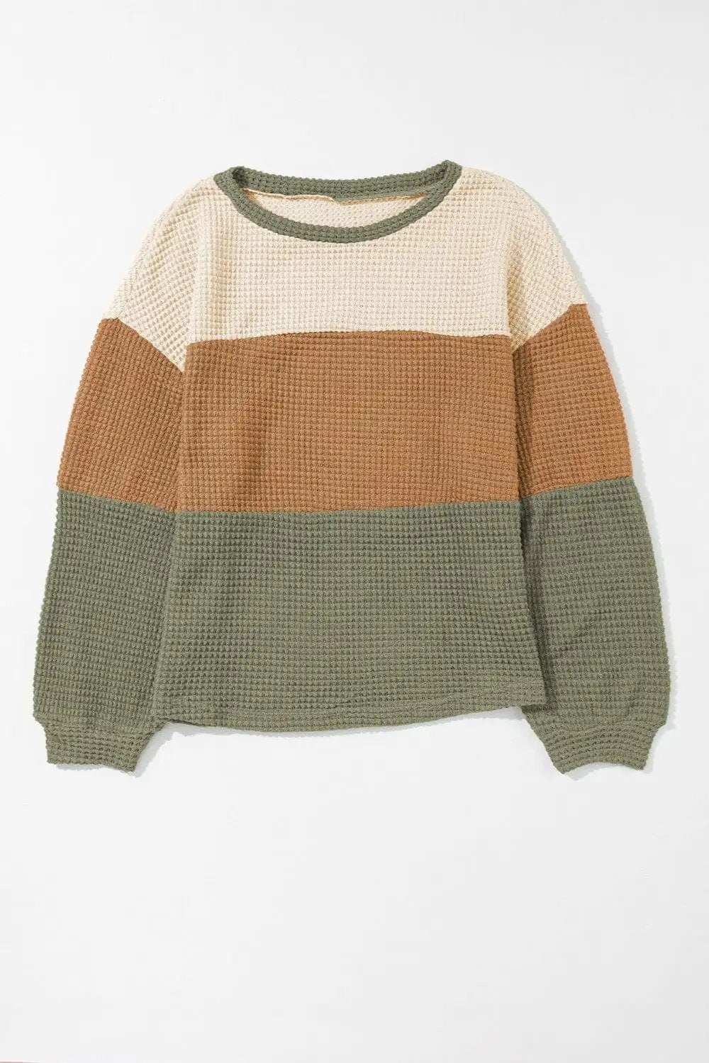 Waffle-Knit Color Block Round Neck Long Sleeve Blouse - Trendsi - Flyclothing LLC