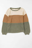 Waffle-Knit Color Block Round Neck Long Sleeve Blouse - Trendsi - Flyclothing LLC