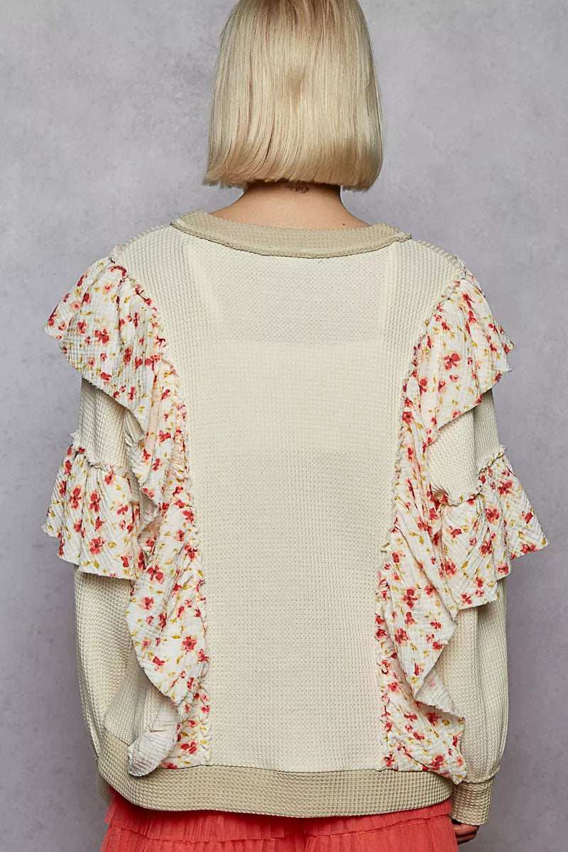 POL Round Neck Sweater with Floral Ruffle Detail - Trendsi - Flyclothing LLC