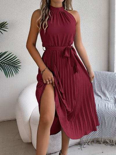 Pleated Tie Waist Sleeveless Midi Dress - Trendsi - Flyclothing LLC