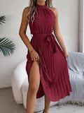Pleated Tie Waist Sleeveless Midi Dress - Trendsi - Flyclothing LLC