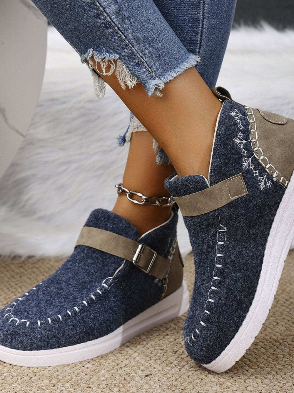 Contrast Round Toe Buckle Sneakers - Trendsi - Flyclothing LLC