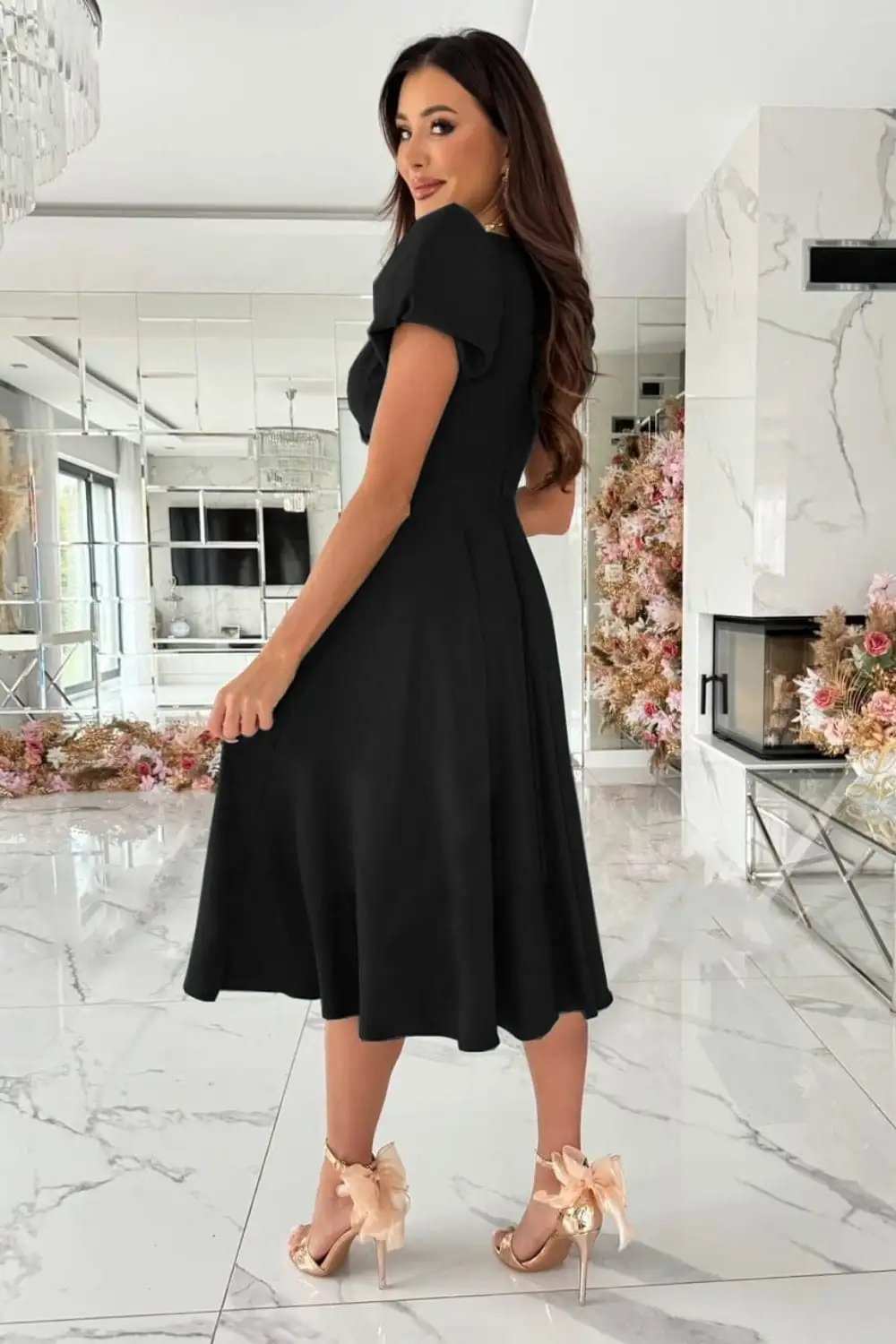 Surplice Puff Sleeve Midi Dress - Trendsi - Flyclothing LLC