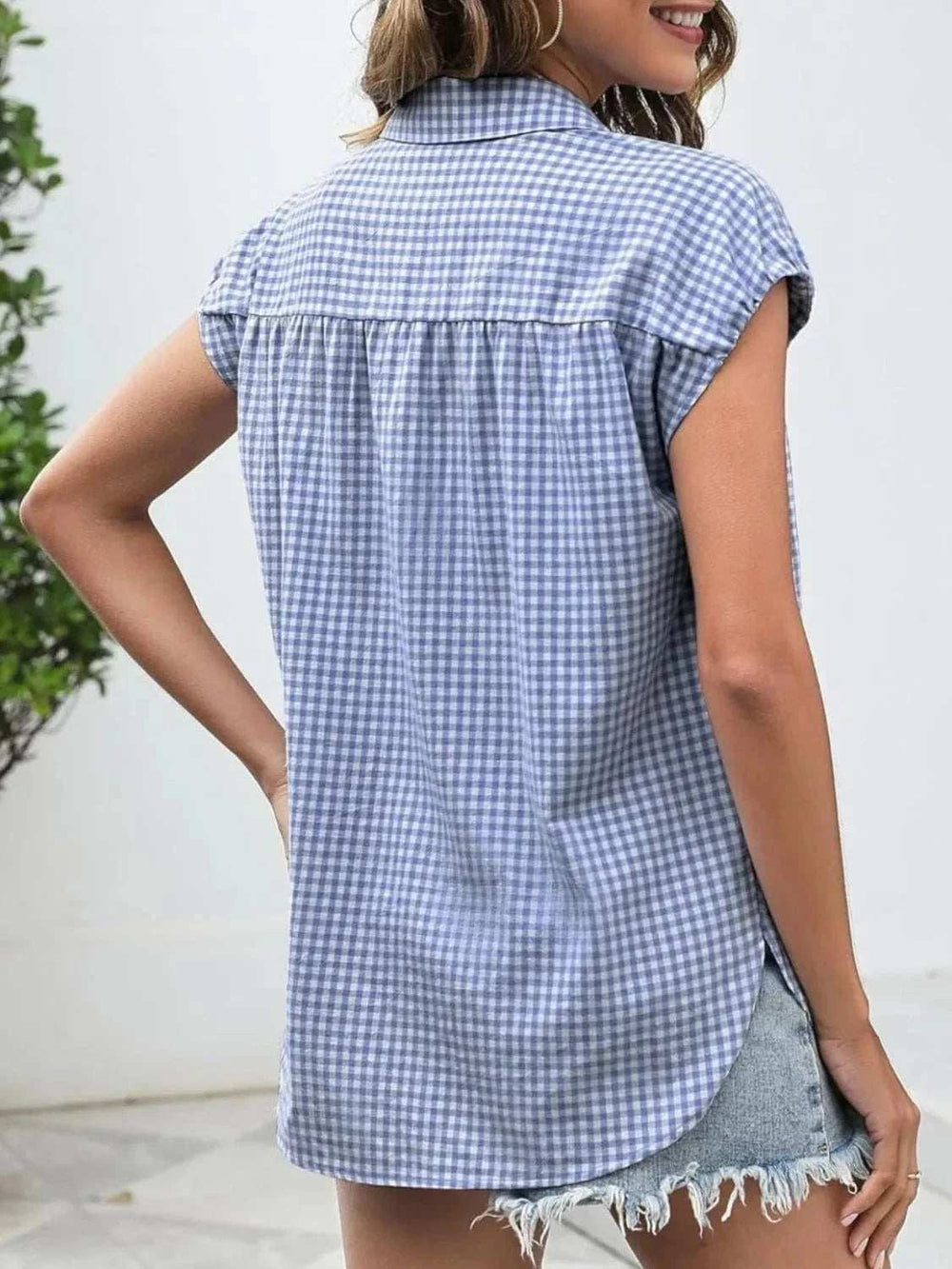Plaid Button Up Cap Sleeve Shirt - Trendsi - Flyclothing LLC