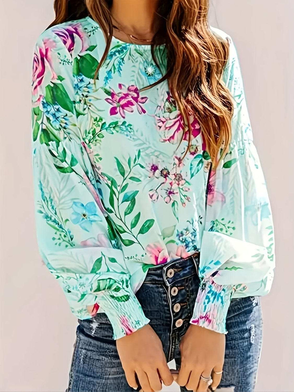 Smocked Printed Round Neck Lantern Sleeve Blouse - Trendsi - Flyclothing LLC