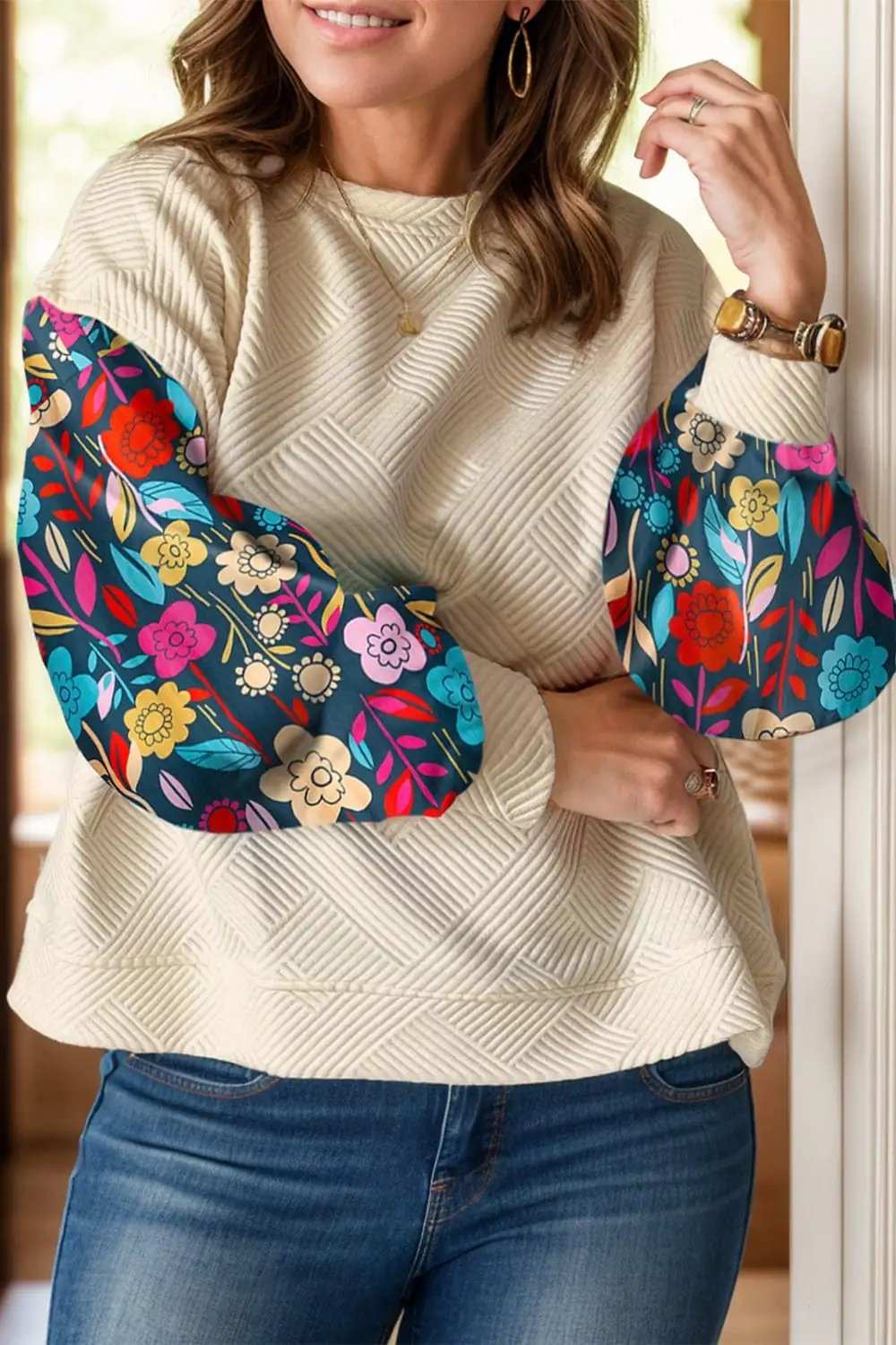Plus Size Texture Printed Round Neck Long Sleeve Blouse - Trendsi - Flyclothing LLC