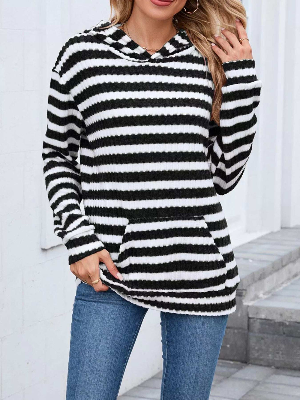 Striped Dropped Shoulder Hoodie - Trendsi - Flyclothing LLC