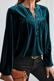 Notched Long Sleeve Velvet Top - Trendsi - Flyclothing LLC