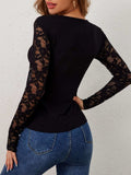Lace Wavy Hem V-Neck Long Sleeve Top - Trendsi - Flyclothing LLC