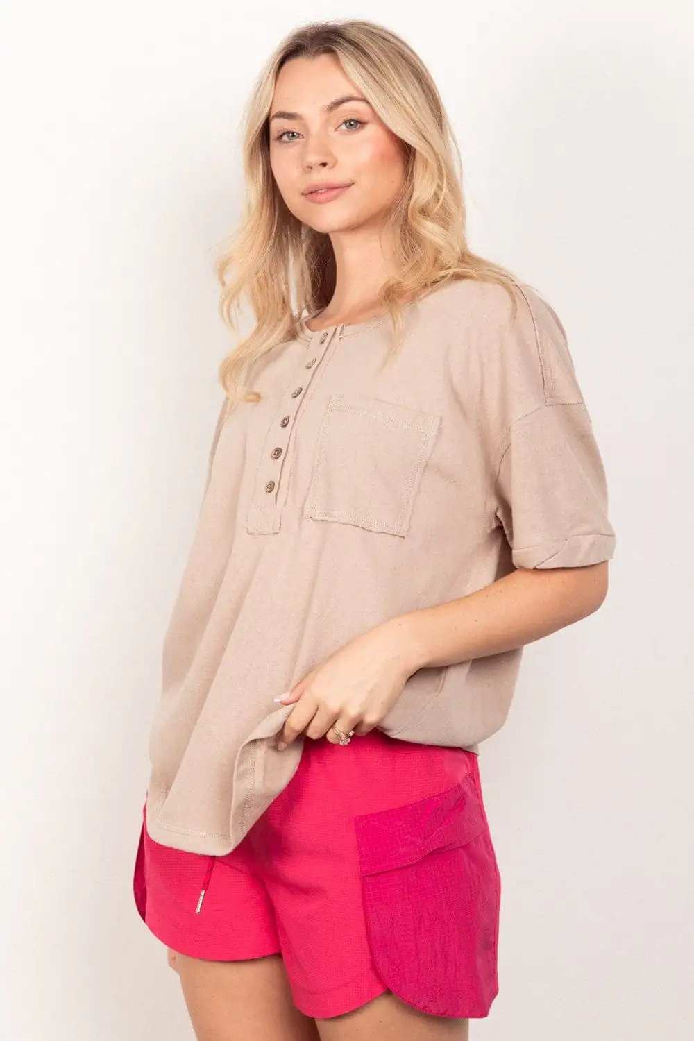 VERY J Twisted Sleeve Band Half Button Top - Trendsi - Flyclothing LLC