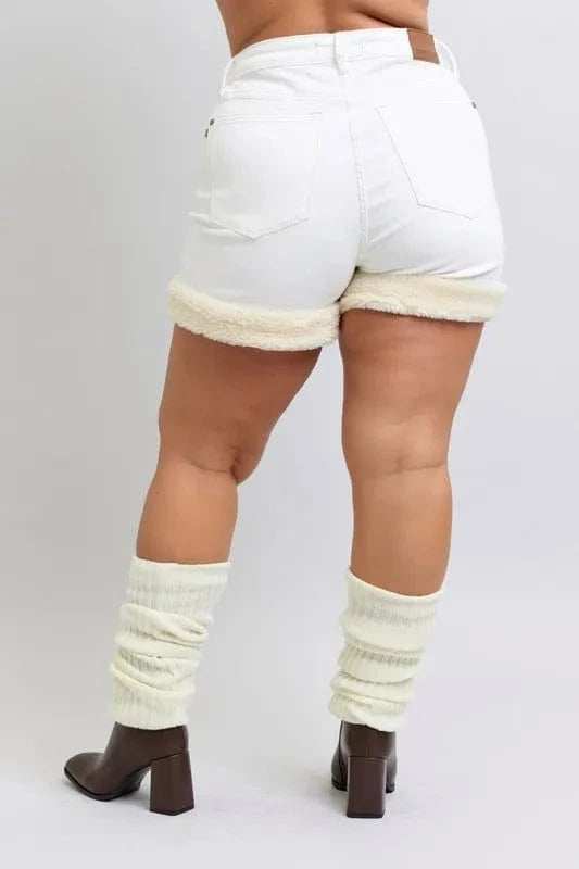 Judy Blue Full Size High Waist Shearling Cuff Denim Shorts Plus Size - Trendsi - Flyclothing LLC