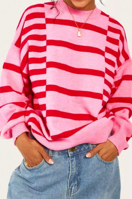 Striped Round Neck Dropped Shoulder Sweater - Trendsi - Flyclothing LLC