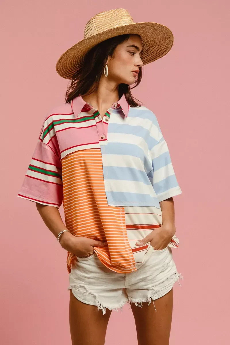BiBi Mix And Match Stripe Color Block Shirt - Trendsi - Flyclothing LLC