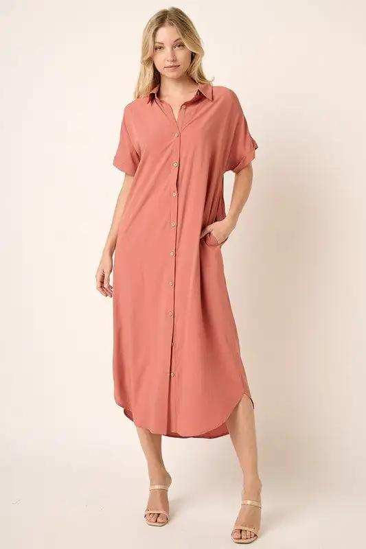 Mittoshop Collared Neck Dolman Short Sleeve Midi Shirt Dress - Trendsi - Flyclothing LLC