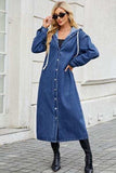 Button Up Long Sleeve Longline Hooded Denim Outerwear - Trendsi
