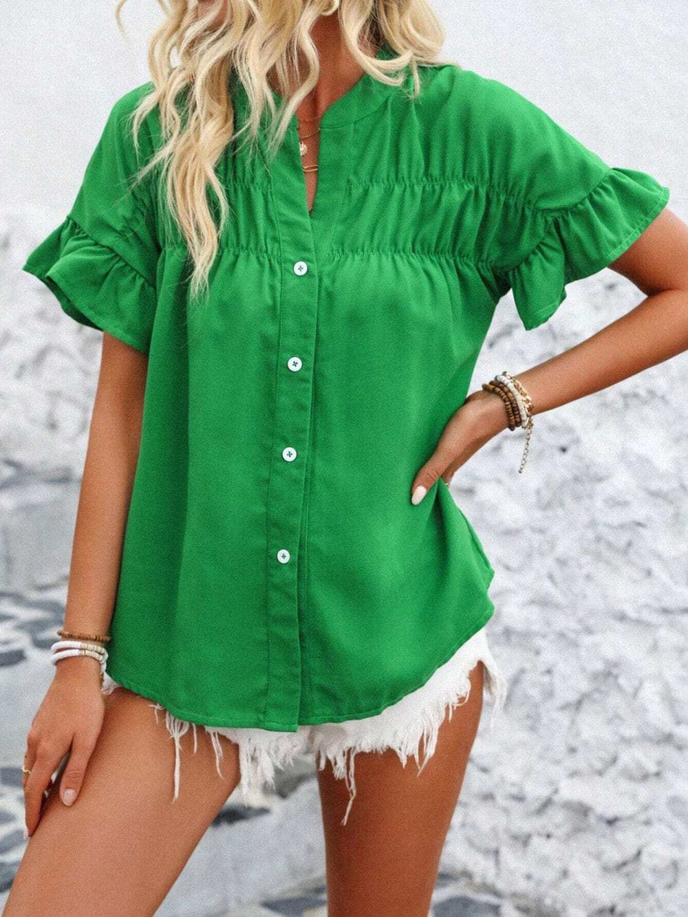 Button Down Ruffled Short Sleeve Shirt - Trendsi - Flyclothing LLC
