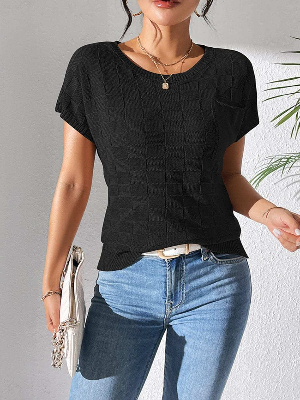 Round Neck Short Sleeve Knit Top - Trendsi - Flyclothing LLC