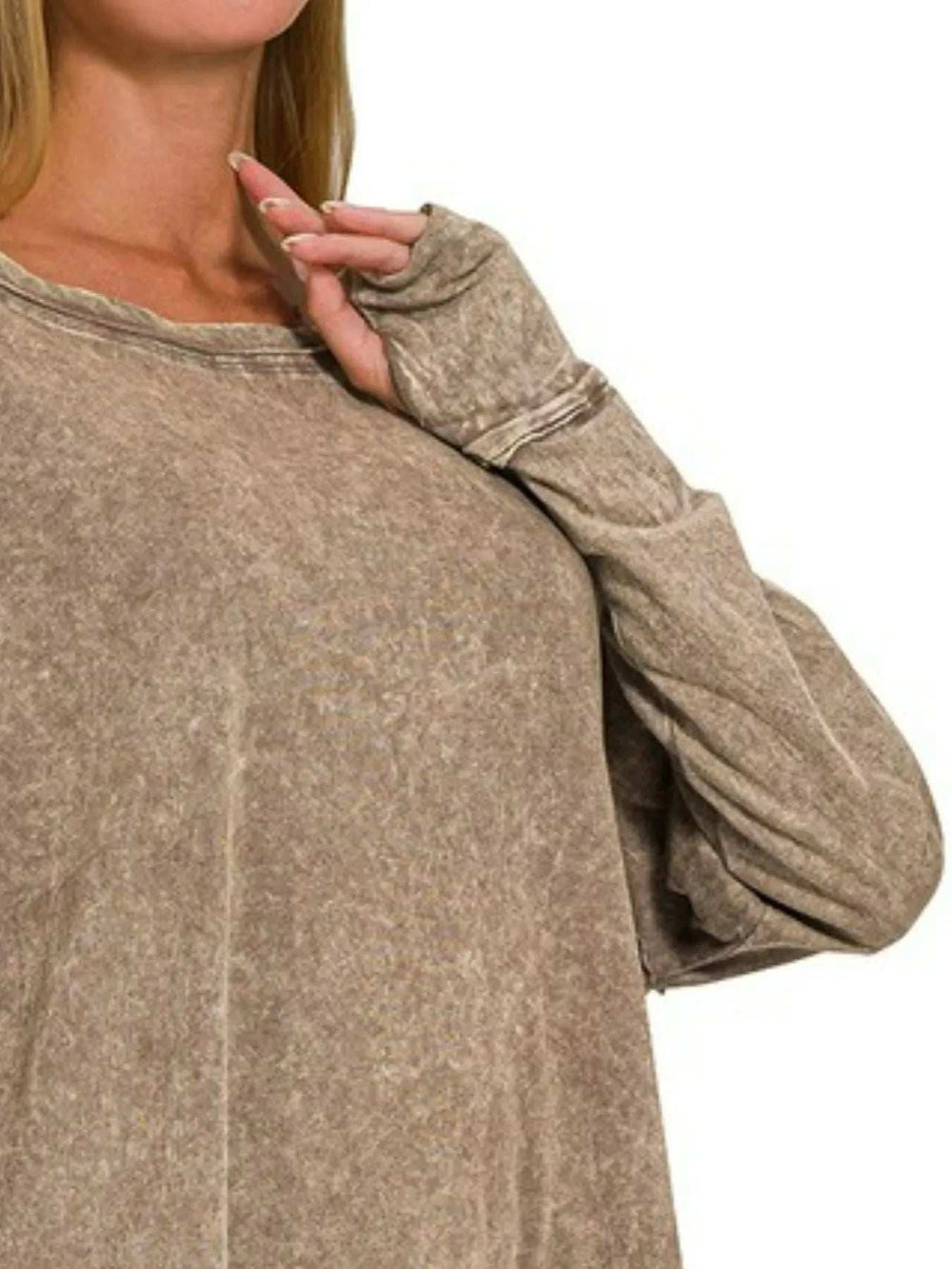 Zenana Crinkle Washed Thumb Hole Cuffs Long Sleeve Top - Trendsi - Flyclothing LLC