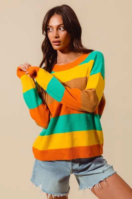 SO ME Multi Color Stripe Sweater with Ribbed Detail - Trendsi - Flyclothing LLC