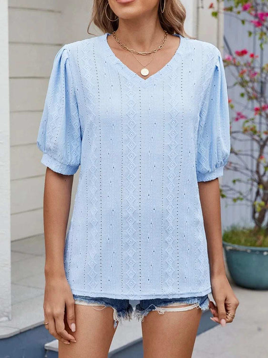 Puff Sleeve V-Neck Eyelet Lace T-Shirt - Trendsi - Flyclothing LLC