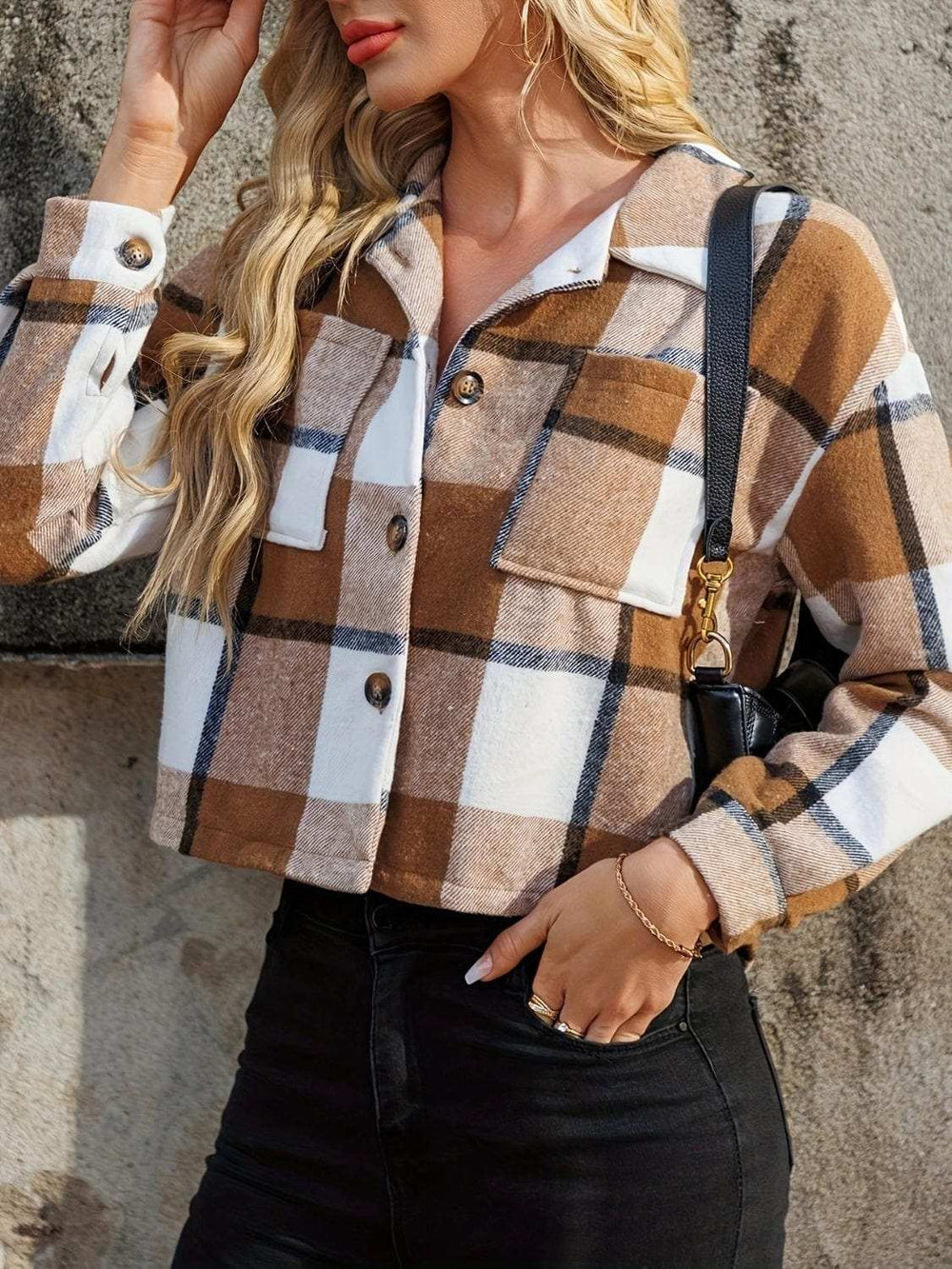 Plaid Collared Neck Cropped Jacket - Trendsi - Flyclothing LLC