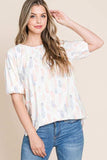 BOMBOM Round Neck Puff Short Sleeve Blouse - Trendsi - Flyclothing LLC