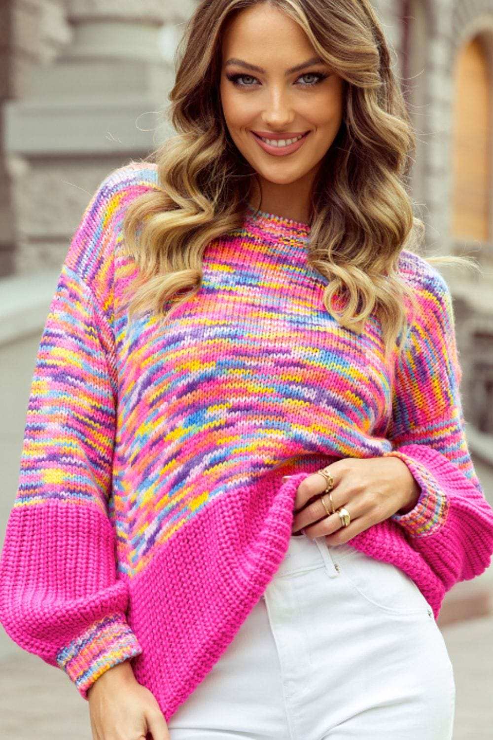 Rainbow Confetti Drop Shoulder Sweater - Trendsi - Flyclothing LLC