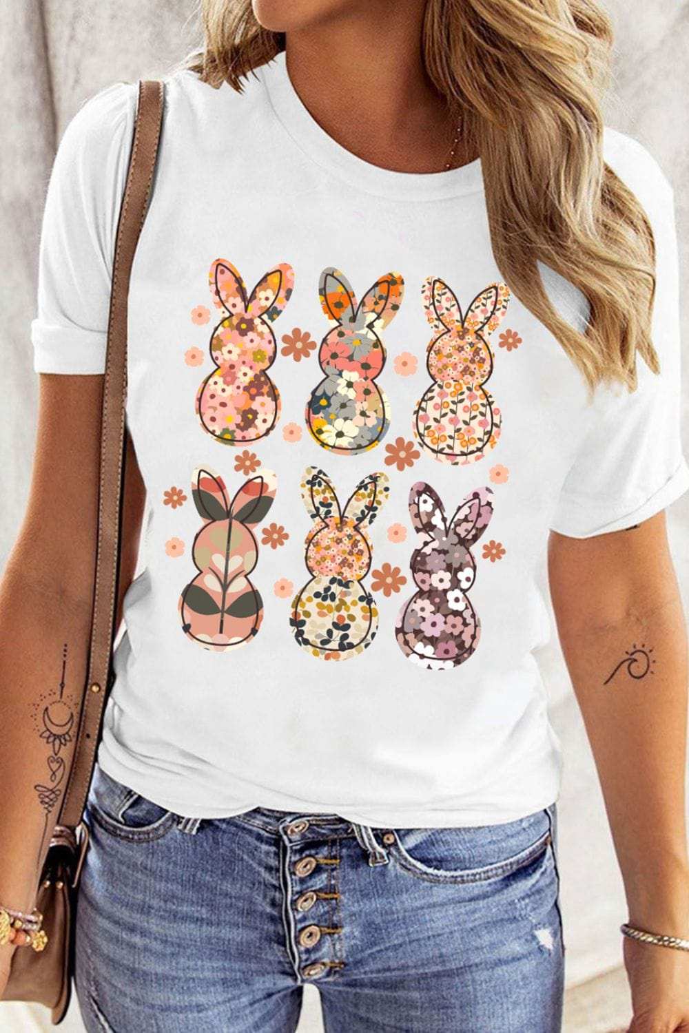 Floral Bunny Graphic Crewneck Short Sleeve T-Shirt - Trendsi - Flyclothing LLC