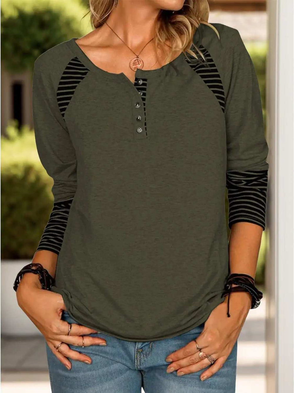 Full Size Striped Quarter Button Long Sleeve T-Shirt - Trendsi - Flyclothing LLC